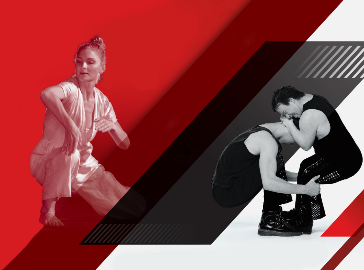 White, grey, black and red thick-lined poster, with diagonally parallel lines from bottom left to upper right-hand edges. Images of three dancers - A dancer moving from a squat position, and two dancers on the lower right of the image bending, using their weight to support each other.