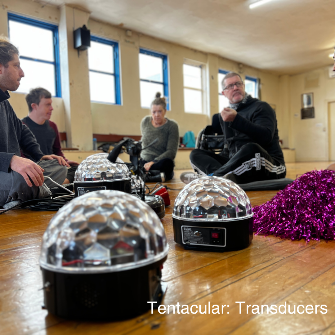 Three strobe lights on the ground in a worn wooden floored dance hall; they are sonic transducers for the work Tentacular. Around them sit four people in discussion about their use. The room is not warm, as reflected in the long-sleeved layers of the dancers in discussion.