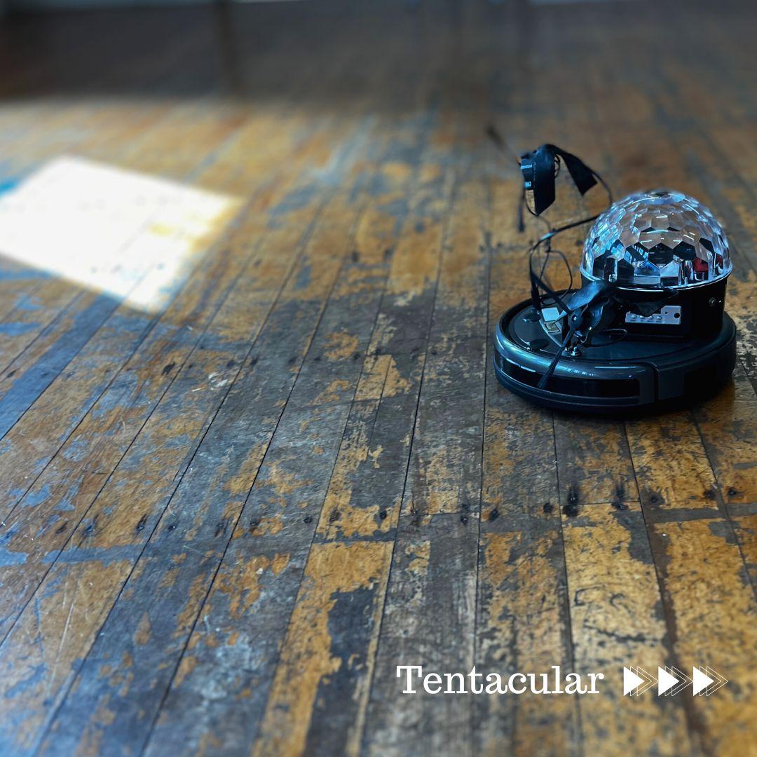 A robot made from a circular floor cleaner, with two fans attached to either side, an sonic transducer made from a strobe light riding on its back as it makes its way across old and tired hardwood floor boards.