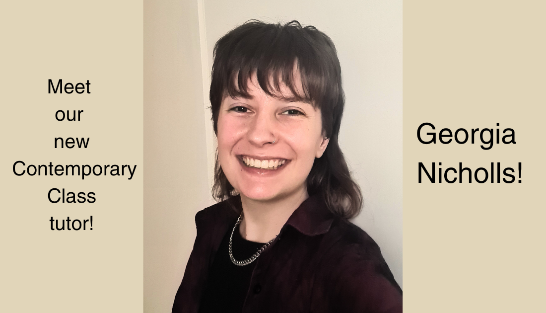 Meet our new Contemporary Class Tutor, Georgia Nicholls! A woman with dark hair worn in a fashionable mullet. She has black jaacket and shirt, with a necklace over the shirt.