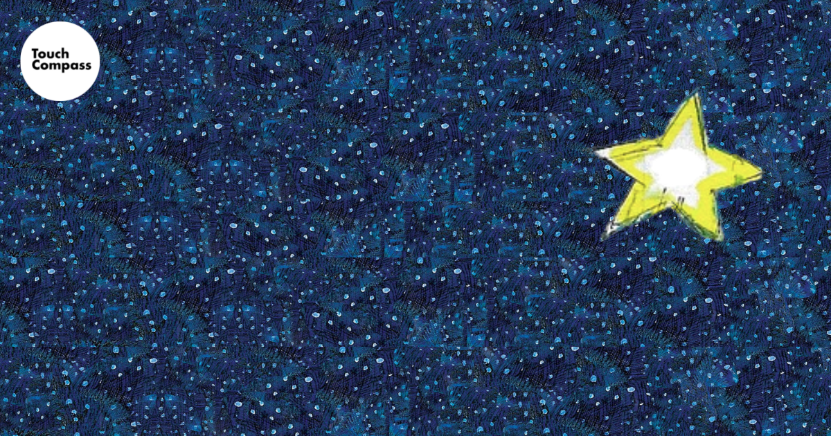 illustration of Matariki stars, with a large yellow-framed star to the right, and a touch compass logo on the left.