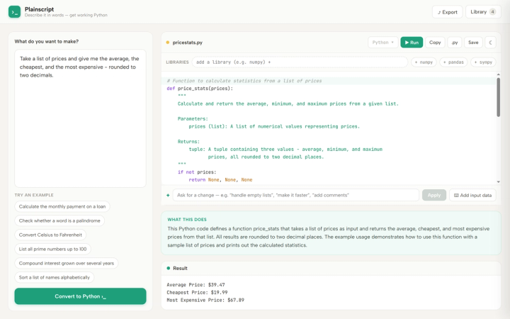 Plainscript – beskrivelse til venstre, generert Python i midten, og kjøreresultatet vist nederst