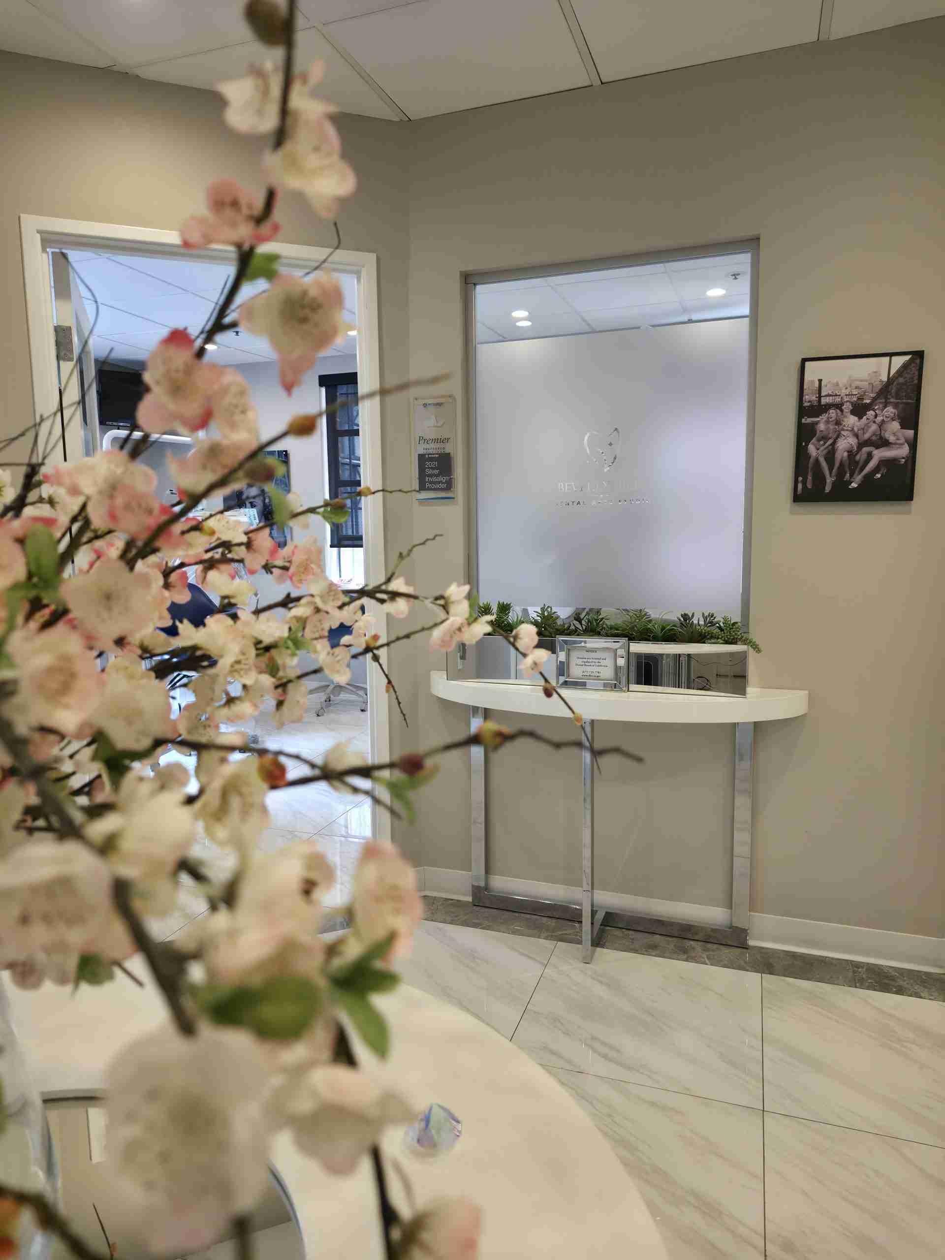 Office hallway with blossom flowers and a glass partition