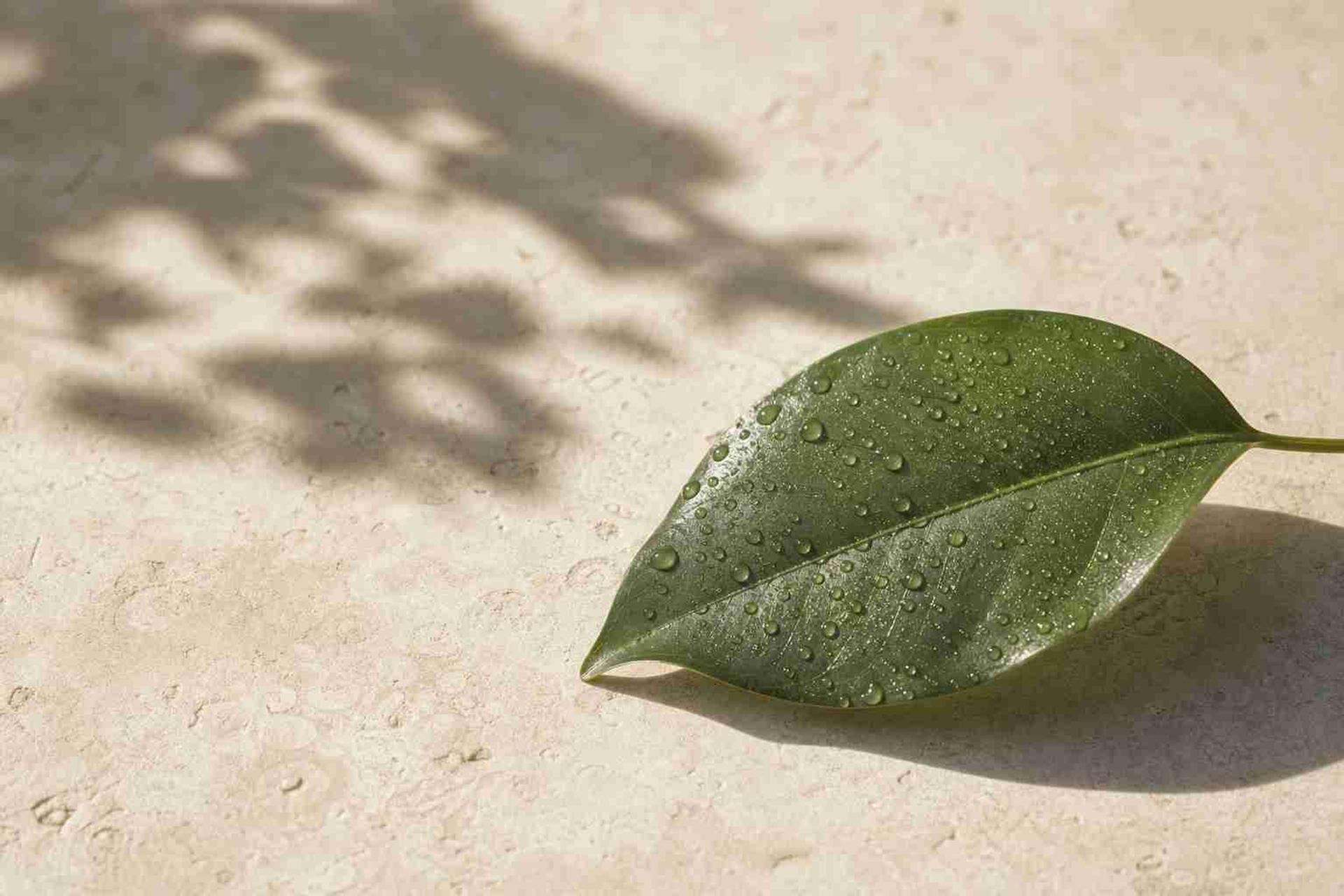 Green leaf with water drops in soft light