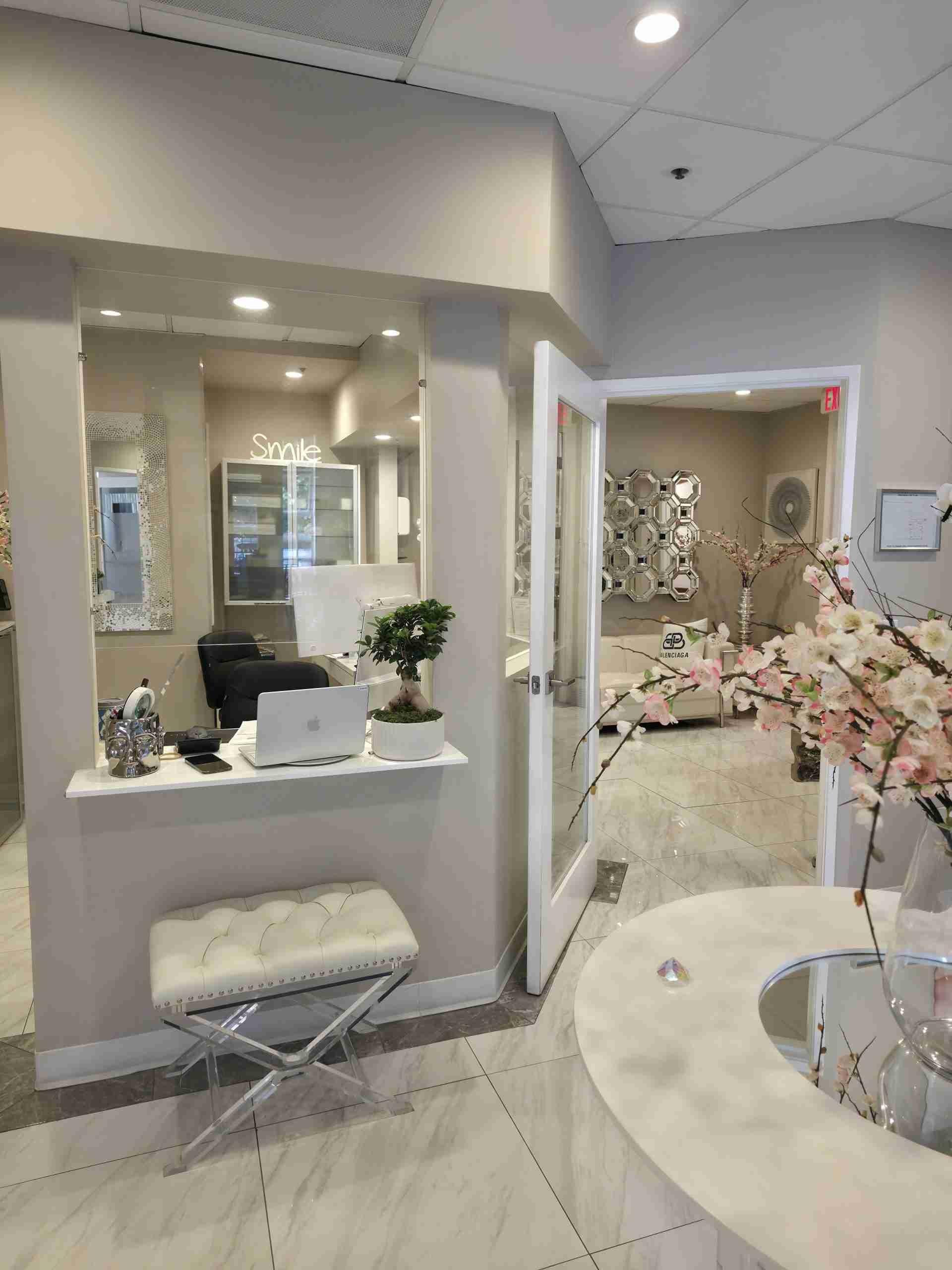 Front office workstation and hallway