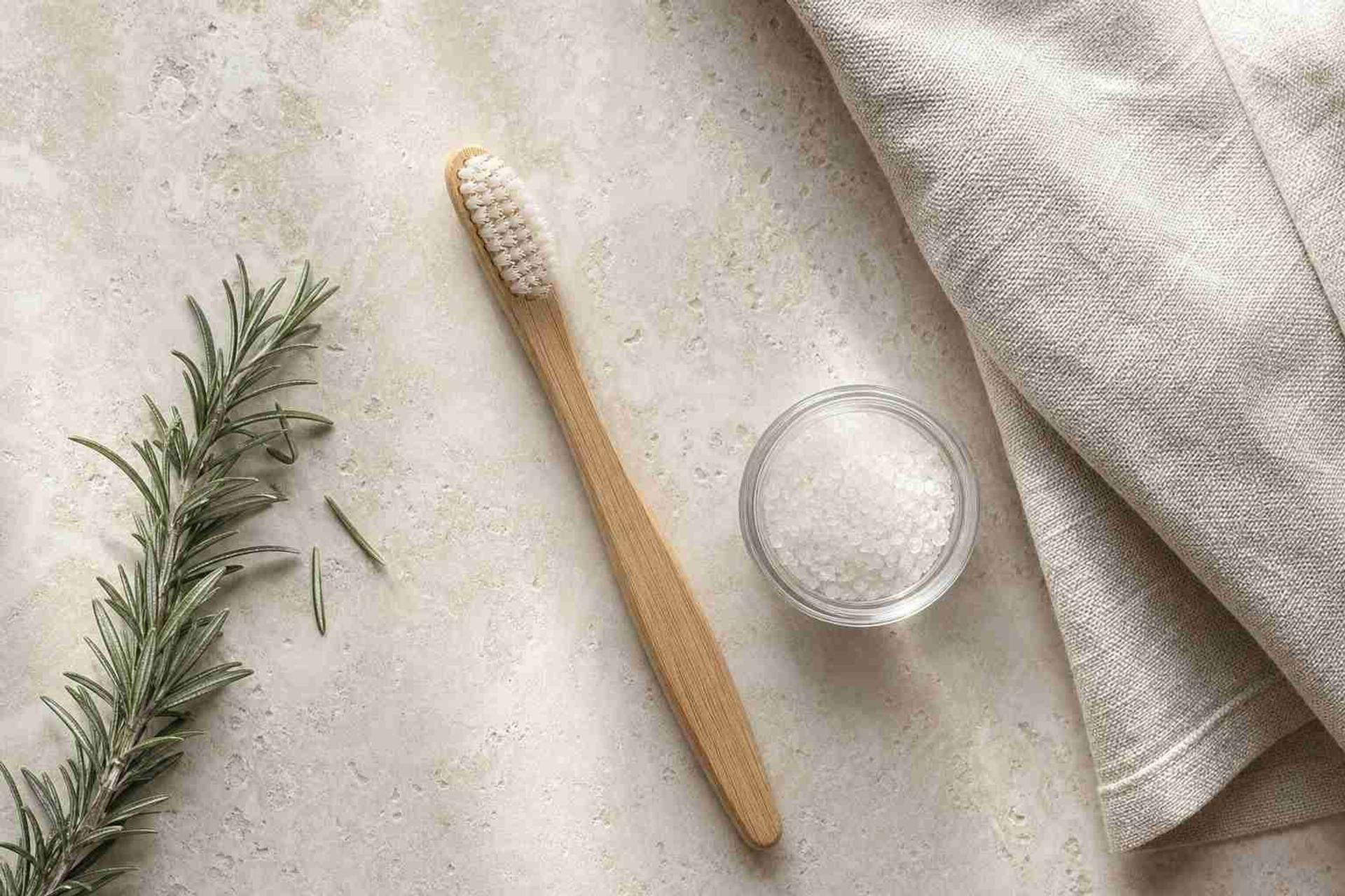 Bamboo toothbrush, rosemary and natural tooth powder on linen
