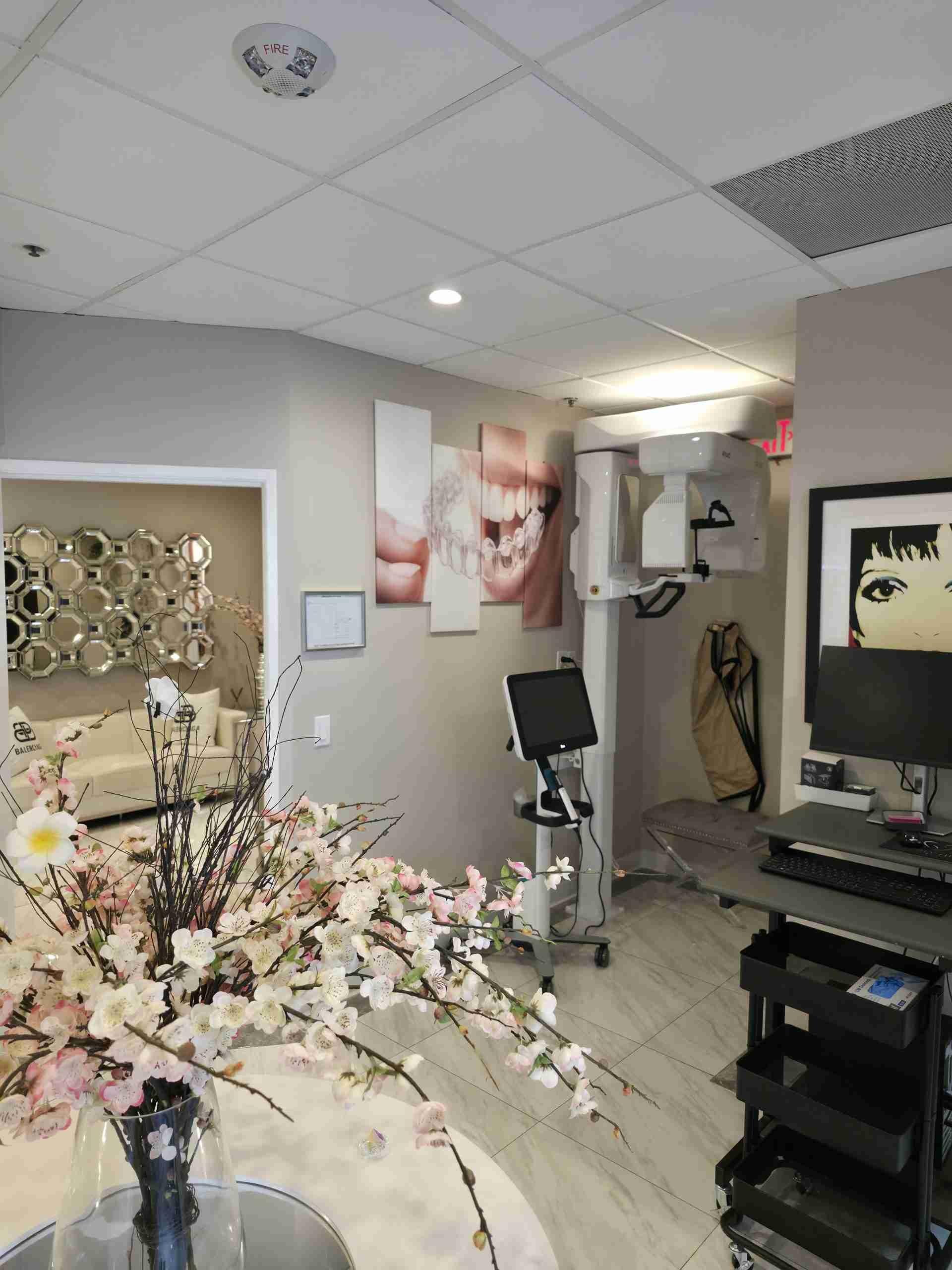 Imaging area with the CT scanner and flowers