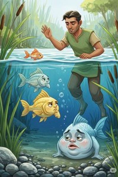 तीन मछलियाँ और शिकारी का जाल educational story for 7-12 years children in Hindi featuring tense themes