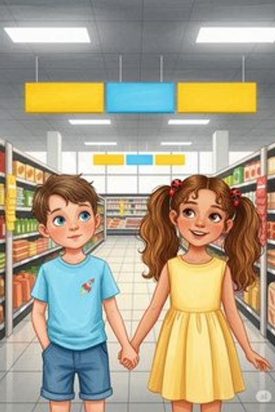 Max and Mia's Grocery Adventure educational story for 7-12 years children in English featuring warm themes