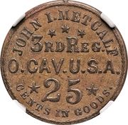 25 Cents - Civil War Sutler Token - John I. Metcalf (3rd Regiment Ohio Cavalry) - Obverse