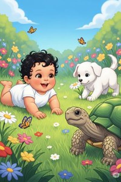 Tummy Time in the Garden daily life story for 3-6 years children in English featuring warm themes