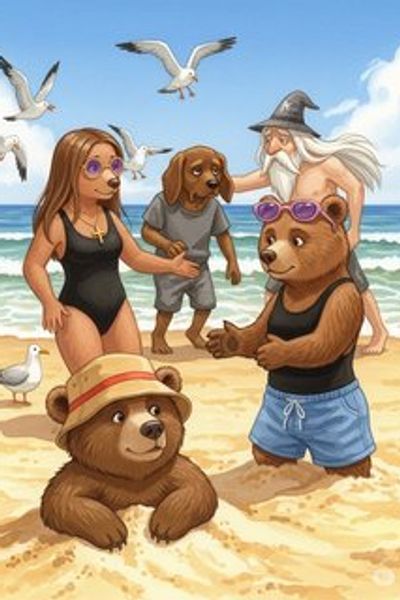 The Bearly There's Bonkers Beach Day comedy story for 7-12 years children in English featuring humorous themes