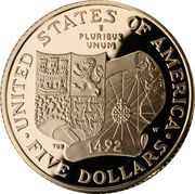 5 Dollars (Christopher Columbus Quincentenary) - Reverse
