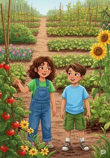 Bella and Sam's Gardening Adventure educational story for 7-12 years children in English featuring warm themes