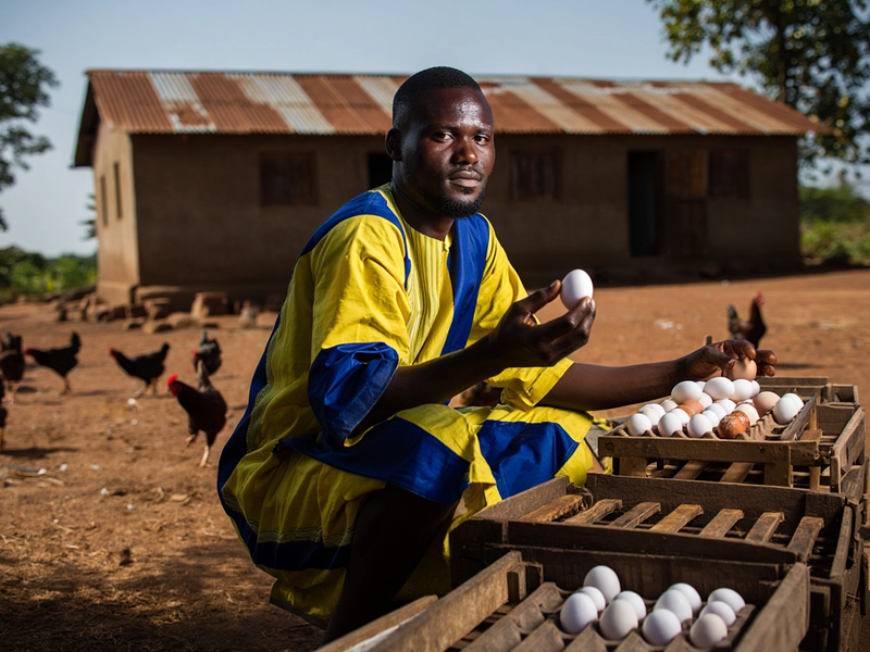 A Ghanaian farmer showcasing his quality eggs from the farm