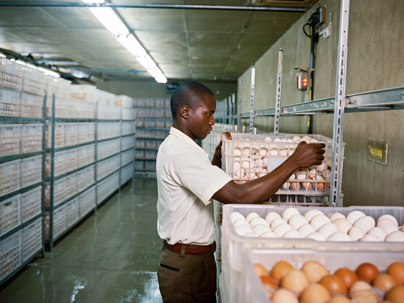 Ghanaian worker at a facility adjusting stored eggs containers