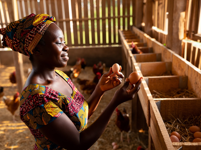 A Ghanaian farmer inspecting hatched eggs for quality