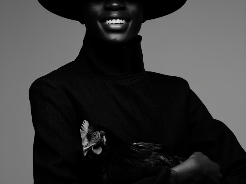 A black lady smiling as she holds a hen