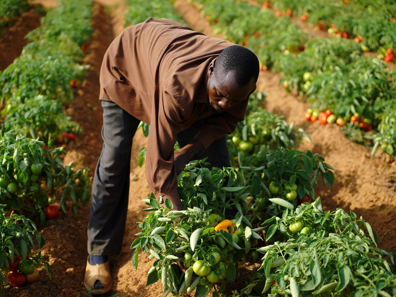 A Ghanaian farmer picking tomatoes