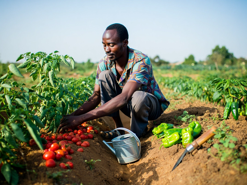 A farmer harvesting tomatoes