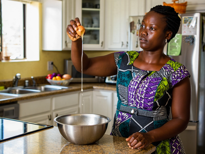 A Ghanaian mother looking at a cracked egg as it drips into a bowl