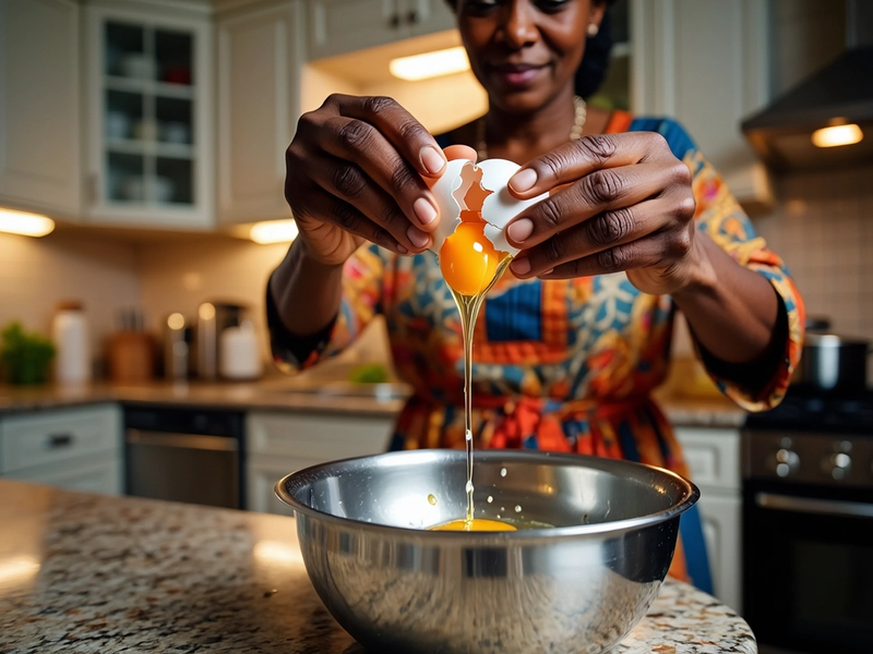 Mother cracks an egg into a bowl