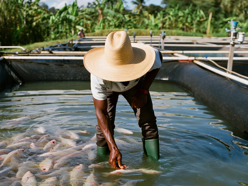 A Ghanaian farmer at his fish farm 
