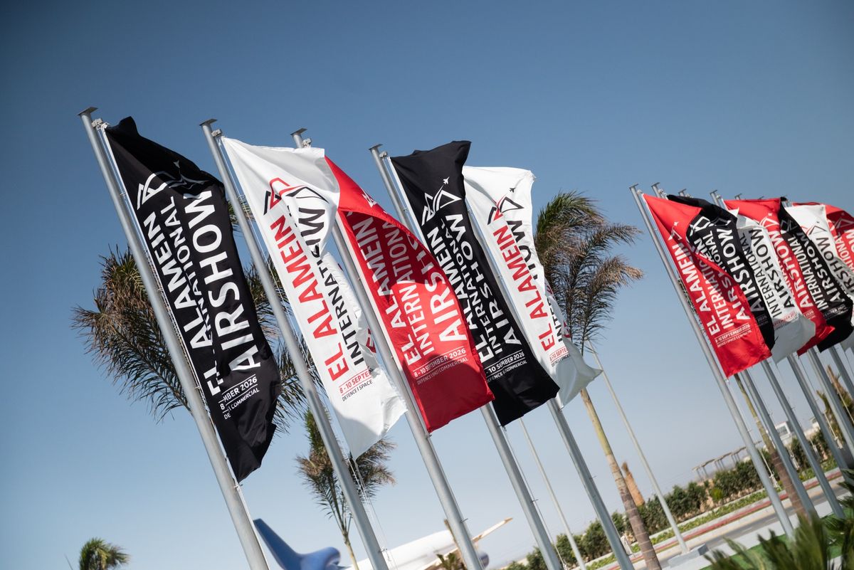 Show flags lining the approach to the El Alamein airshow venue