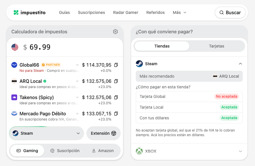 Calculadora de Impuestito con el precio final de un juego en pesos en Steam