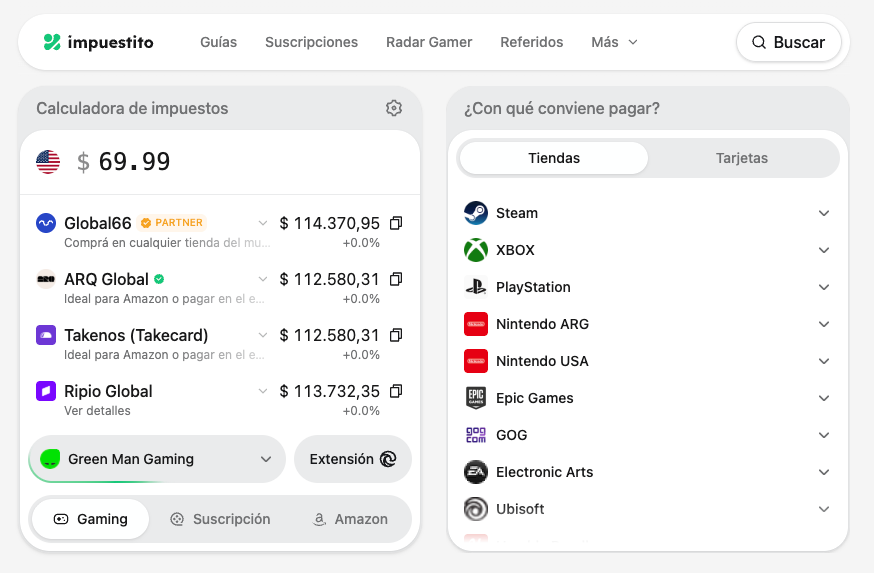 calculadora de impuestos con todas las tiendas disponibles, el orden de los metodos de pago cambiasegun la cotización del dia