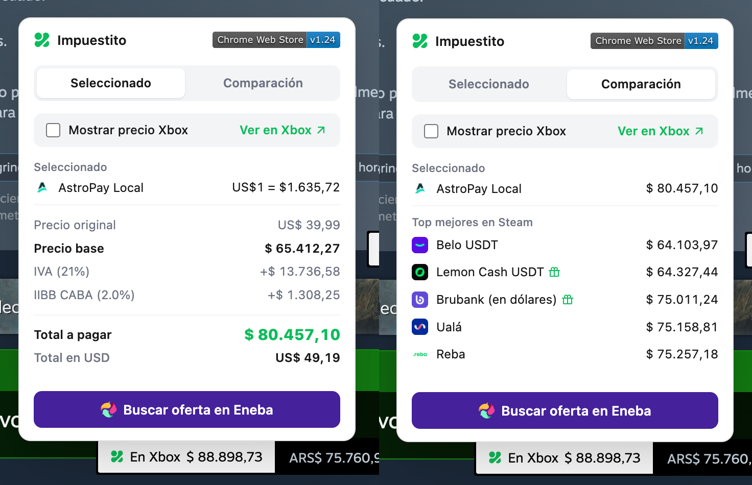 Extension Impuestito al pasar mouse por arriba mostrando impuestos y comparación de metodos de pago