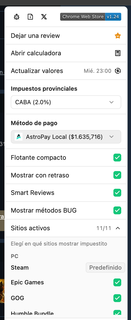 Panel de configuración de la extensión de impuestito
