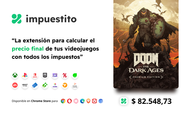imagen promocional de la extensión de impuestito mostrando algunas tiendas y navegadores soportados