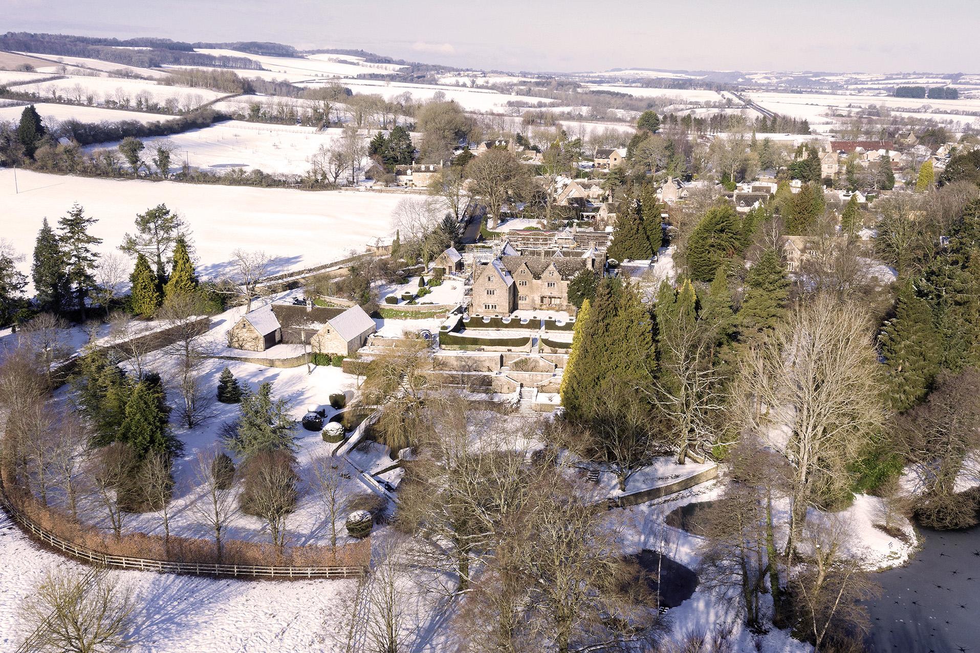 Aerial view captured during restoration of the Cotswolds manor house