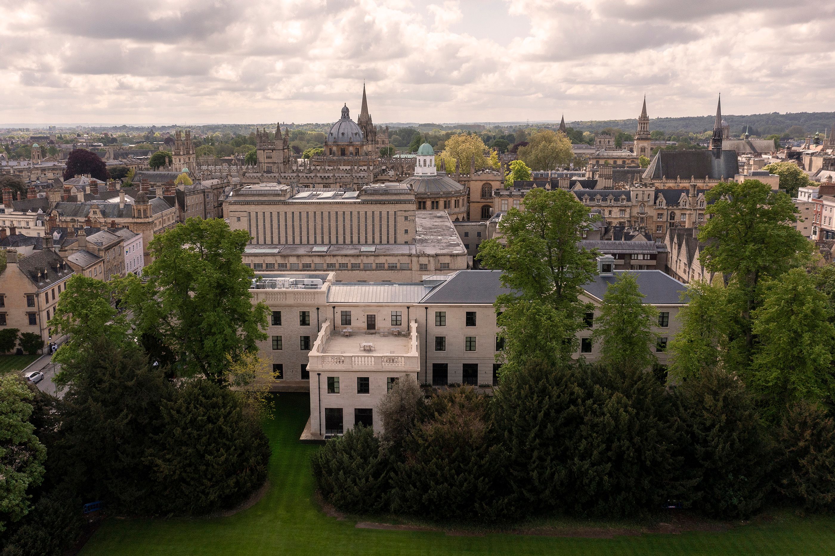 Aerial view across Trinity College lawn 