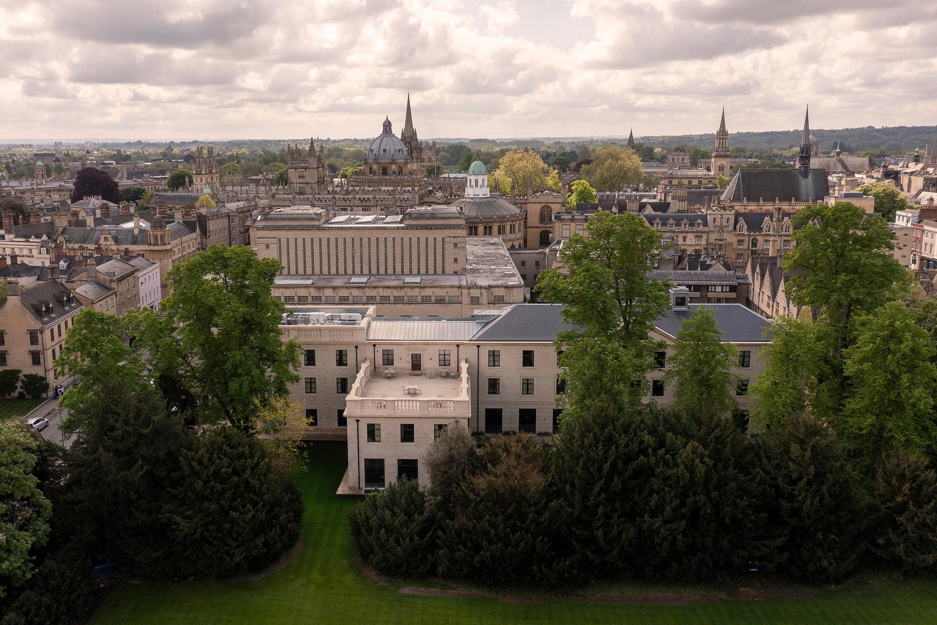 Aerial view across Trinity College lawn