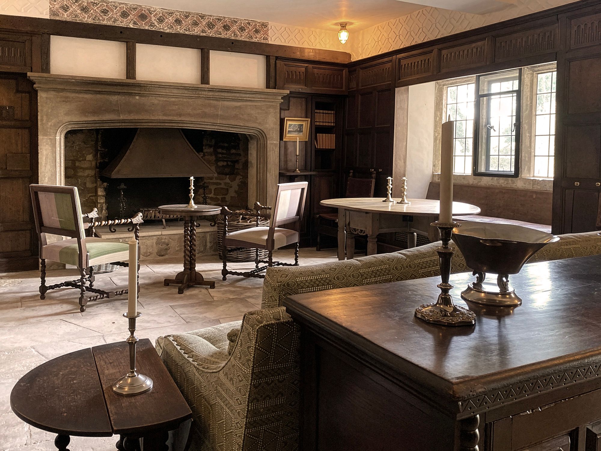 Restored interior with feature open fireplace