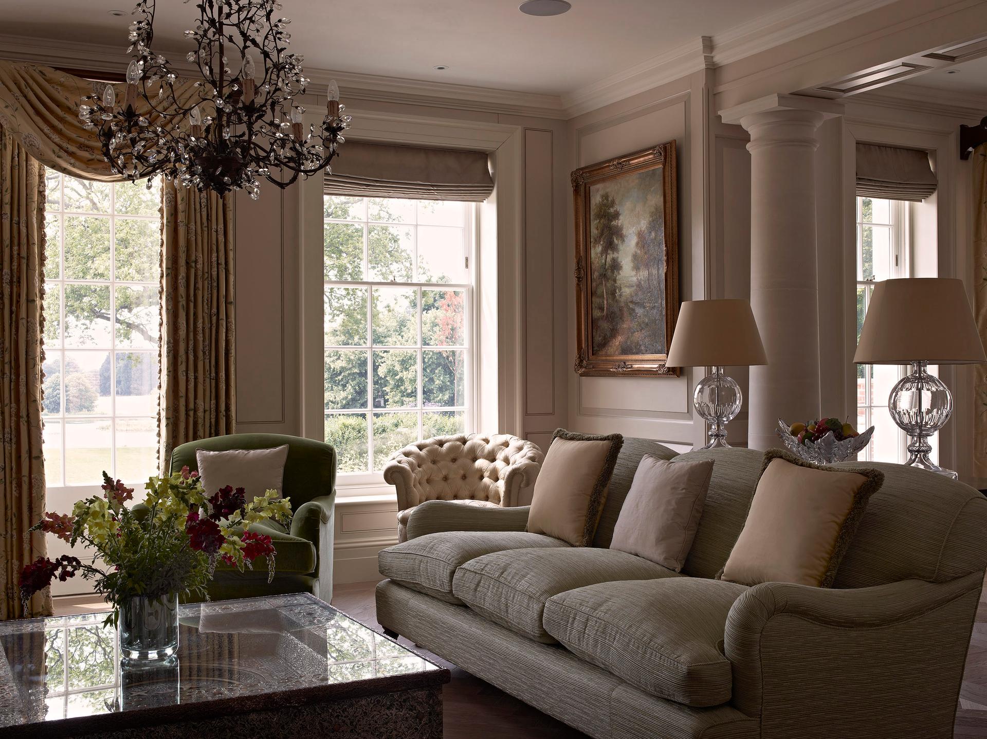 The drawing room with internal columns separating the space