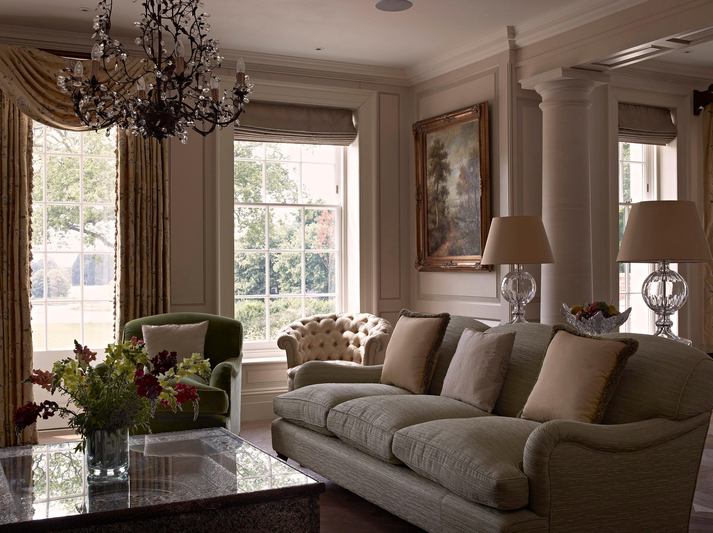 The drawing room with internal columns separating the space