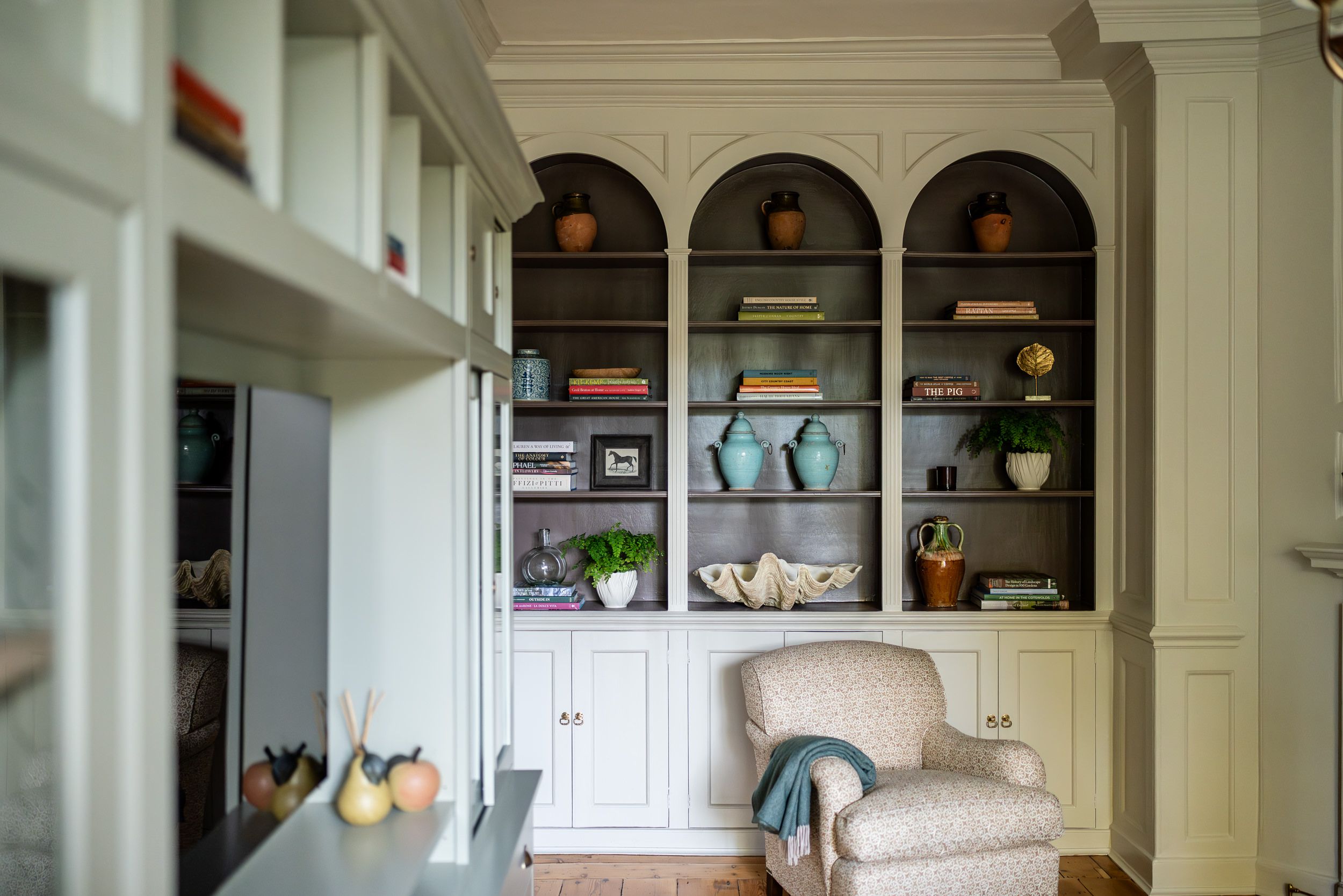 Living room with built in feature bookcases