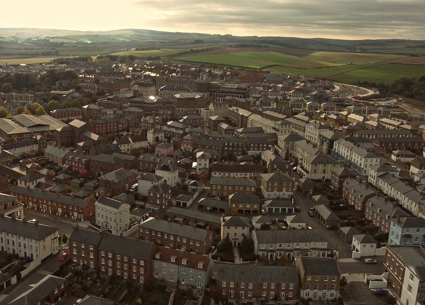 Aerial view of Phase 3, Poundbury, including The Great Field in the foreground