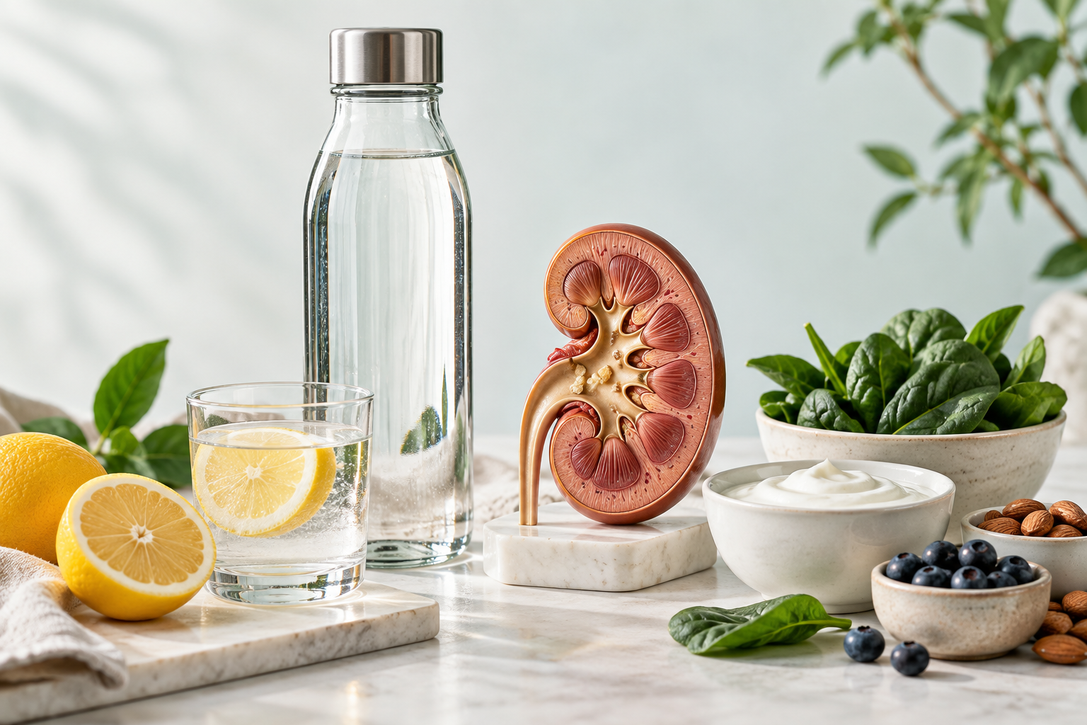 Water bottle, lemon water, healthy foods, and an anatomical kidney with small kidney stones illustrate hydration and kidney stone prevention.