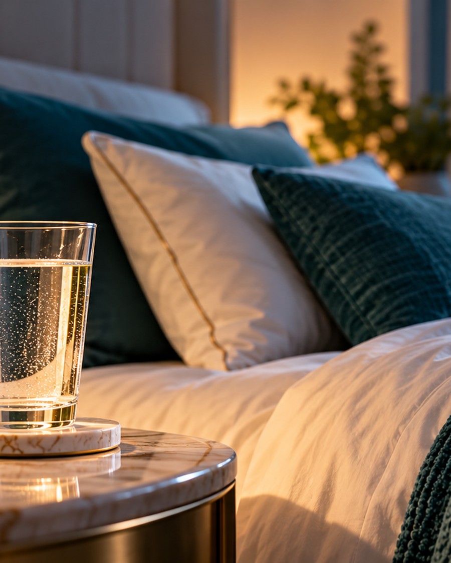 A glass of water on a bedside table in a softly lit bedroom at night.