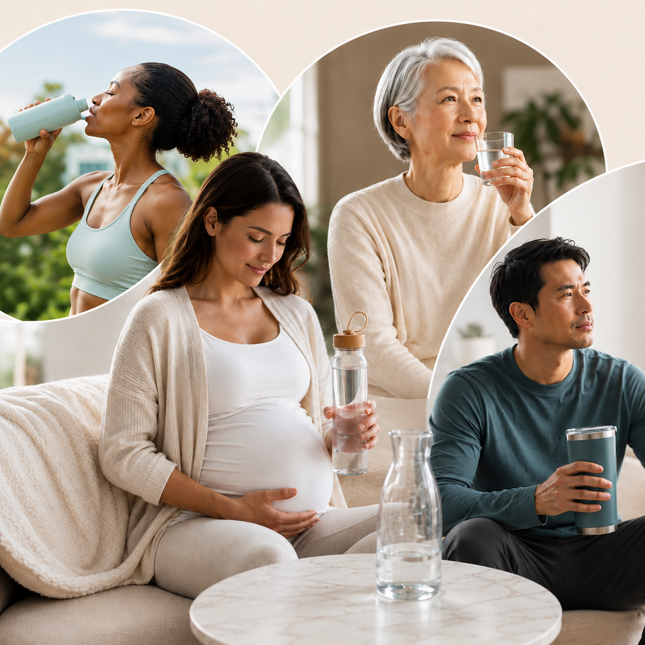  Diverse adults at different life stages, including an active woman, pregnant woman, older woman, and adult man, using different water containers to illustrate personalized hydration needs.                                                                                                                                                                                                                                                                                                                                                                                                                                                                                                                                                                                                                                                                                                                                                                                                                                                                                                                                                                                                                                                                                                                                                                                                                                                                                                                                                                                                            