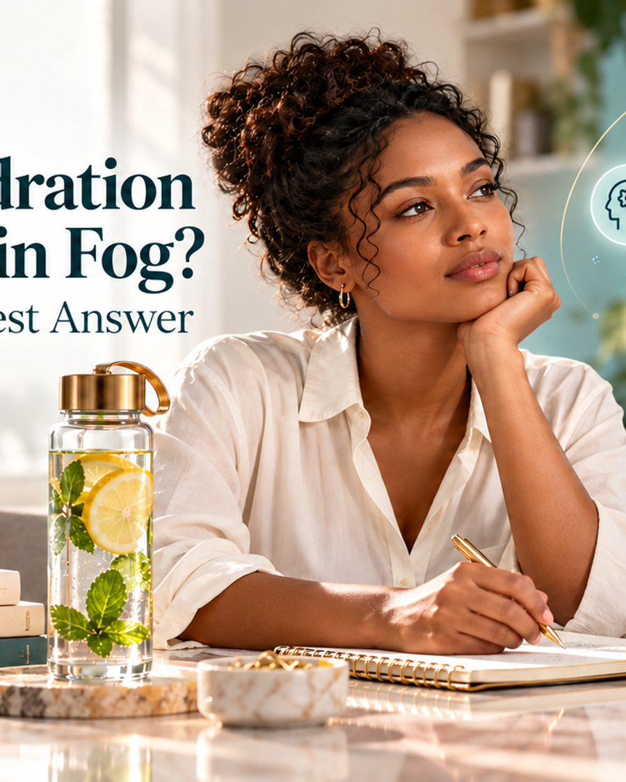 Editorial hero image showing a woman at a desk beside a glass water bottle, with a brain illustration representing hydration, focus and memory.