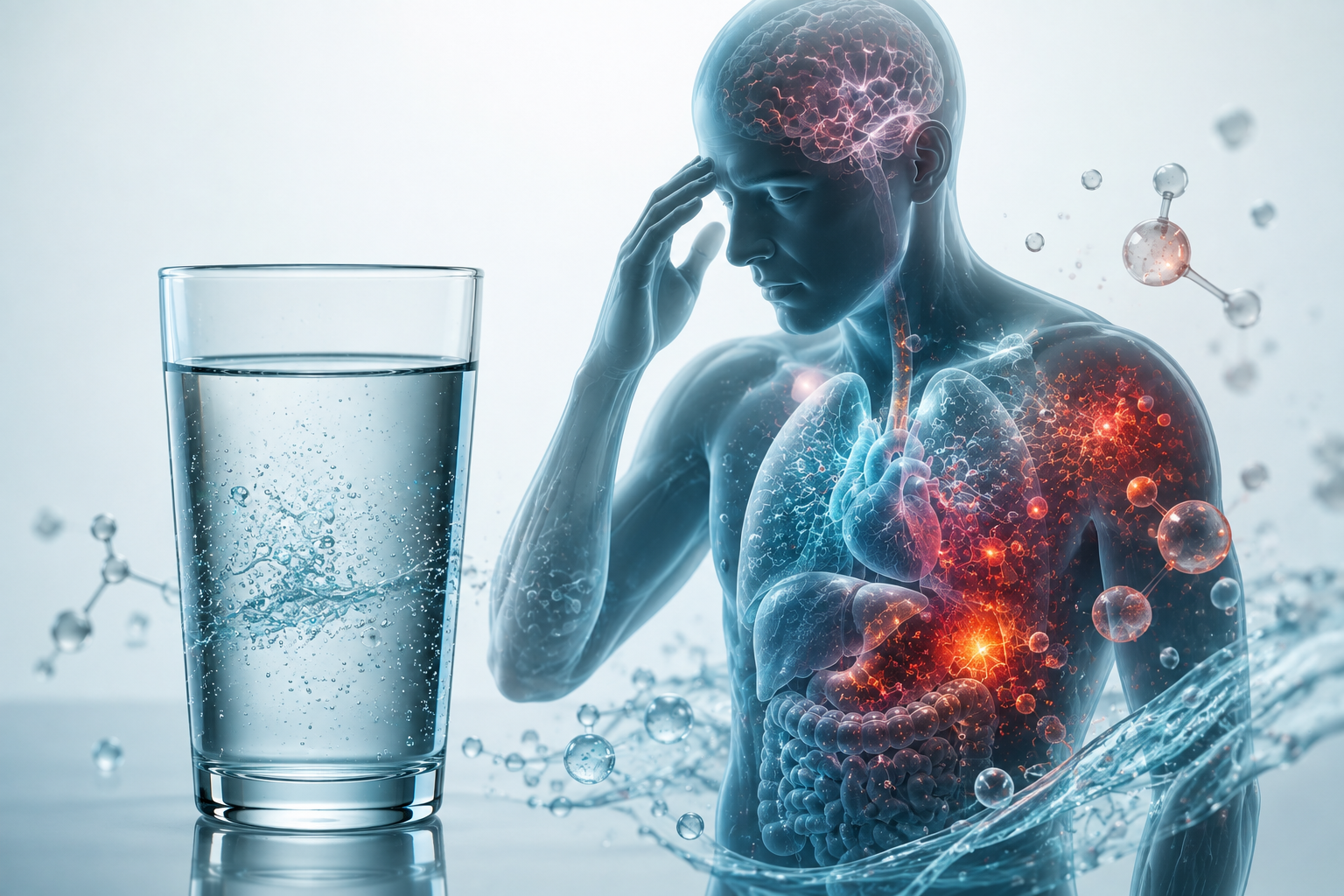 Transparent human silhouette, visually contrasting hydration with the multiple physiological processes involved in a hangover