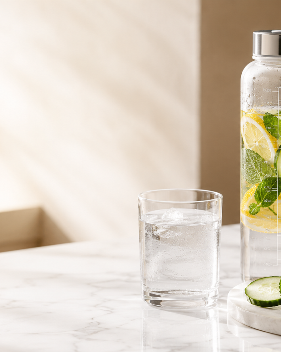 A clear glass of drinking water on a surface