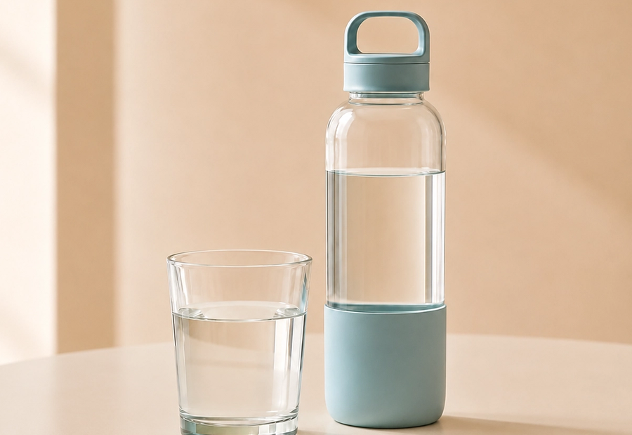 Electrolyte sachet beside a reusable water bottle with measurement markings and a glass of water