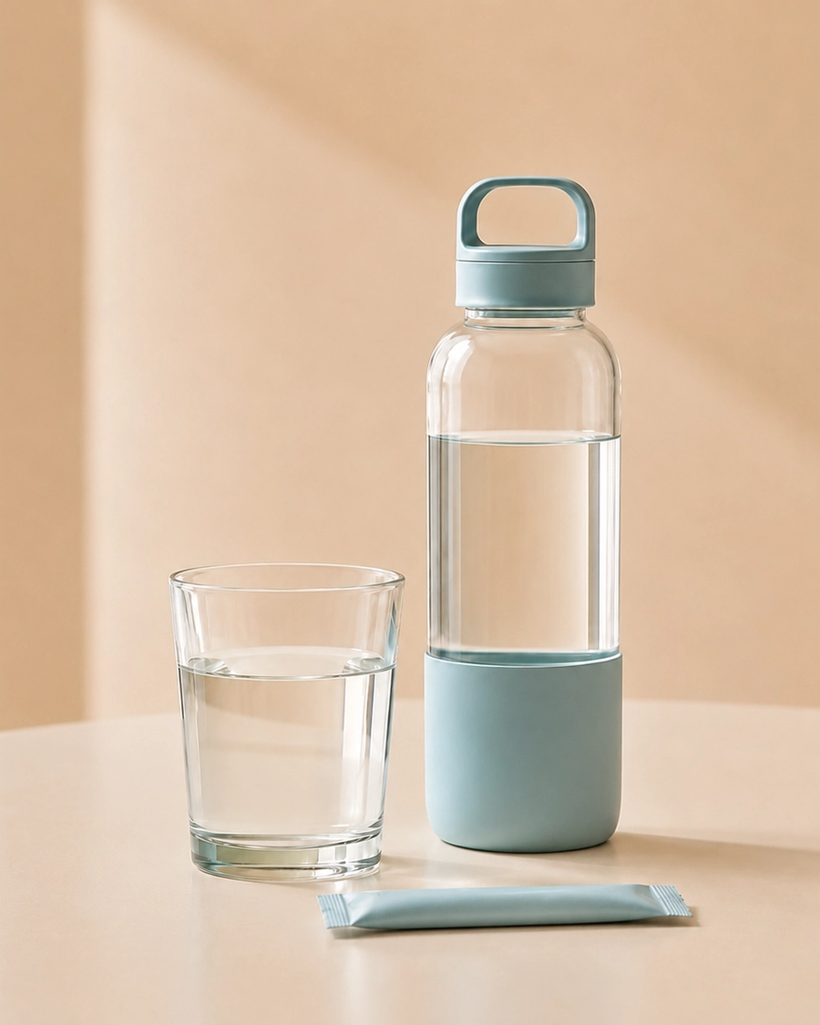 Electrolyte sachet beside a reusable water bottle with measurement markings and a glass of water