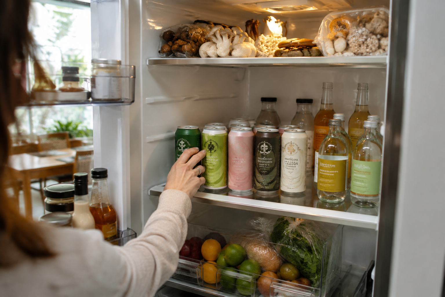 A woman reaches into an open refrigerator toward a row of trendy functional drinks, with mushrooms on the top shelf and fresh fruit and vegetables in the drawer below